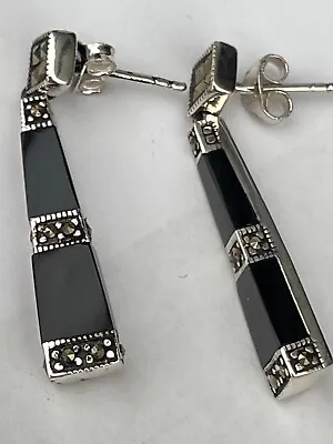 Black Onyx And Marcasite Earrings Sterling Silver • £19.90