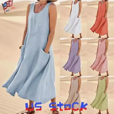 Womens Cotton Linen Sleeveless Maxi Shirt Dress Kaftan Summer Casual Tank Tops • $23.69