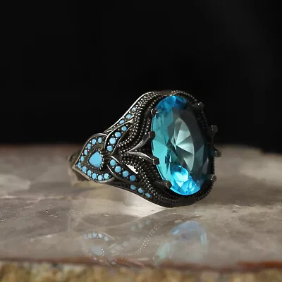 925 Sterling Silver Ring Gothic Original Natural Aquamarine Stone For Men's • $72