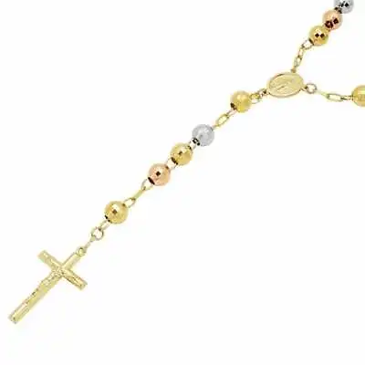 $2578.30 • Buy 10k Tri-Tone Gold Rosary Cross 8mm Beaded Necklace 30 