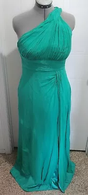 Aidan Mattox Flowy One Shoulder Gown Solid Green 100% Silk Shell Side Slit Sz 14 • $87.49