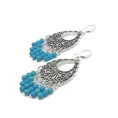 Turquoise Blue Chandelier Earrings Long Dangle Drop Beaded Howlite Gemstone Boho • £14.98