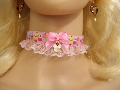 Any Size Choker Collar Pink Lace Cupcake Food DDLG Kitten Kawaii Lolita Harajuku • $24.50