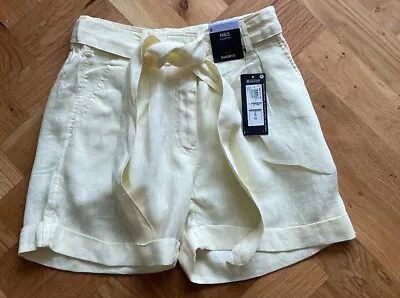 Marks & Spencer M&s Pure Linen Yellow Belted Casual Shorts Rrp £25 Uk 6 8 • £12.99