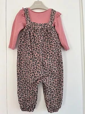 Baby Girls NEXT 6-9 Months Dungarees Outfit Brown Pink Animal Print GC • £7.99