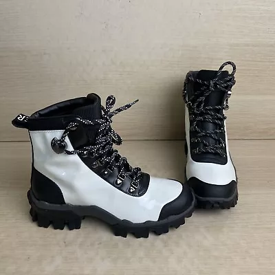 MONCLER “Helis” White/Black Leather Round Toe Lace Up Ankle Boots Womens 36.5 • $339.49