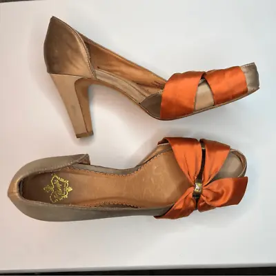Miss Albright Anthropologie Peep Toe Peach Satin Side Cut-Out Heels Size 8.5 • $45