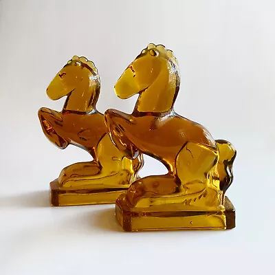 L E Smith Glass Bookends Amber Art Deco  Horses Bookend • $60