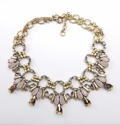 J.Crew Signed Soft Pink & Gold Rhinestone Statement Necklace Faux Black Diamond • $43