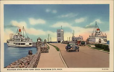 Mackinaw City Michigan Auto Ferry Dock 1930s Car Bridge Unused Linen Postcard • $2.03