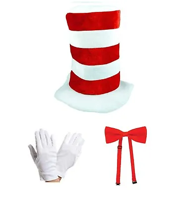Adults Crazy Cat Fancy Dress Costume Set Hat White Gloves Red Bow In The Tie Day • £3.49