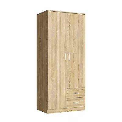 Oak 2 Door 2 Drawer Wardrobe With Hanging Rail Wooden Clothes Storage Cupboard • £170