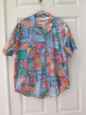 $10 • Buy VTG 80'S PENNY LANE Multi Color Palm Tree & Flower Print Hawaiian Shirt Top Sz L