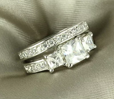 1.81 Ct Sterling Silver 3 Stone Princess Cut Vtg Cz Engagement Wedding Ring Set✿ • $17.24