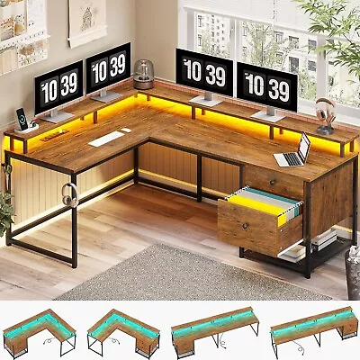 L Shaped Office DeskReversible 62  Corner Computer Desk With Drawers &LED Strip • $159.97