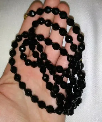 Vintage Czechs Black Faceted Glass Beaded Long Necklace 36  • $19.50