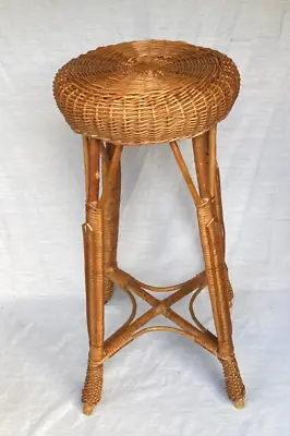 Vintage Mid Century Wicker Rattan Bamboo Vanity 32   Round Plant Stand • $59.99