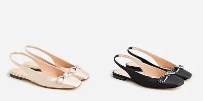 New J Crew Anya Slingback Flats Sz 7 Black Blush Pink Satin Crystal Bow In Box • $79.99