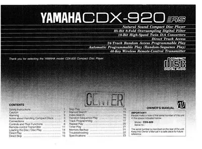 Yamaha CDX-920 - Compact Disc CD Player  - Operating Instructions - USER MANUAL • £5.99