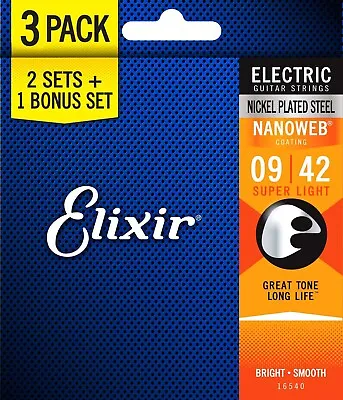 Elixir 16540 9-42 Nanoweb Super Light Electric Guitar Strings 3 Pack • $57