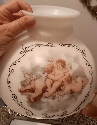 Vtg Milk Glass W/ Nude Cherubs Lamp Shade HP Victorian Globe Hurricane Shabby • $149