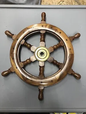 £39.99 • Buy Wooden Brass Ship Boat Wheel Nautical Pirate Boating Decor 18” 46cm
