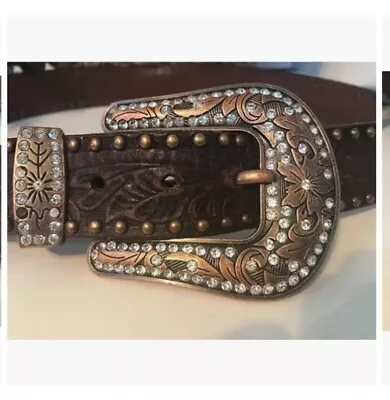 Vintage Tooled Leather Western Belt Silver Copper Tooled Rodeo Brown Belt • $45