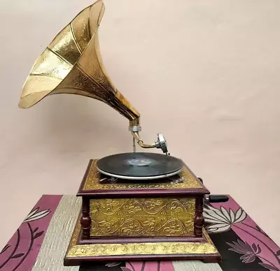 HMV Gramophone Player With Brass Horn Antique Wood Phonograph Win Up Record Gift • £250.35