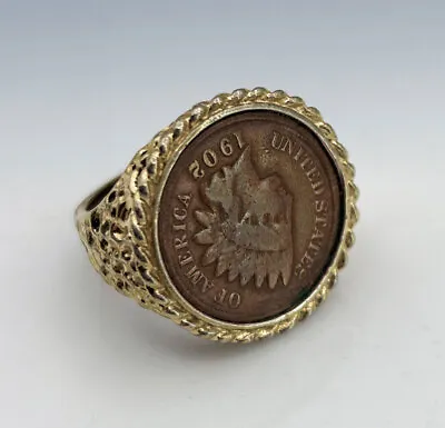 Vintage 1902 Indian Head Penny Coin Ring 18K H.G.E. Gold Nugget Look Size 9 • $42.95