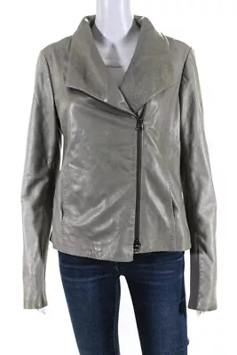 Vince Womens Ribbed Knit Sleeve Asymmetric Leather Jacket Light Green Size Large • $74.41