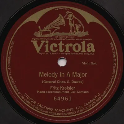 Fritz Kreisler - Melody In A Major 1921 Shellac 10  S/Sided Victrola 64961 Ver • $7.71