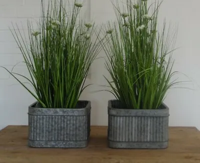 Set 2 Large Square Galvanised Ribbed Metal Planter Plant Flower Pot Garden Decor • £42.36