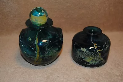 2 Vintage Mdina Glass Vases Top Hat Double Pulled Ear Turquoise & Mustard Color • $70