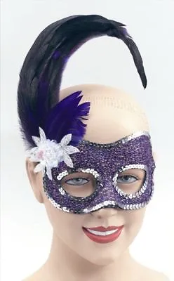 Purple Masquerade Ball Carnival Sequin Feather Eye Mask Fancy Dress  • £4.49