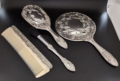 Vintage Antique Silver Plated Handheld Mirror Brush Comb Makeup Brush Set • $24.99