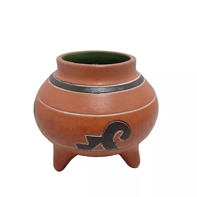 Aztec Pattern Terracotta Bean Pot Green Glaze Inside 3 Legged • $9.31