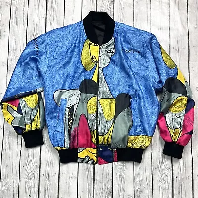 Vintage 80s Mighty Picasso Bomber Jacket Womens Blue Colorful Size XL • $69