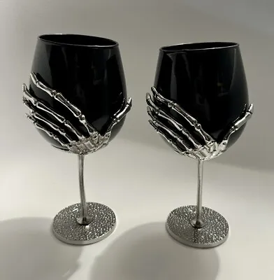 Halloween Black Glass Skeleton Hand Wine Set Goblet Silver Metal Stem Gothic • $29.99