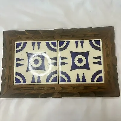 Vintage Trivet Orion Mexican Tile With Hand Carved Wood Frame Blue White Pattern • $29