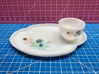 MCM Vintage ATOMIC FLOWER PATIO BY FEDERAL Snack Set - Plate Cup - Milk Glass • $12.95