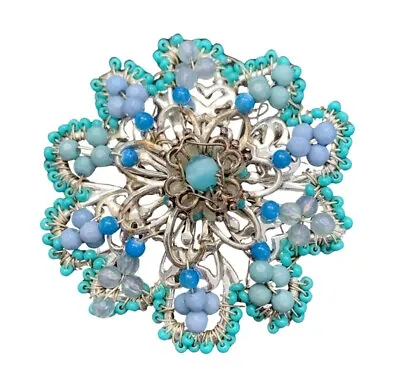 VINTAGE LC LIZ CLAIBORNE Turquoise BLUE Jeweled Micro Beaded Flower BROOCH PIN • $24.50