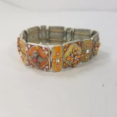 Vintage Orange Silver Tone Rhinestone Stretch Bracelet Estate Art Deco Yellow • $24.99