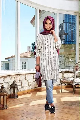 Cotton Tunic - Gray/White Islamic Women Long SleeveTunic Top High Quality • $20