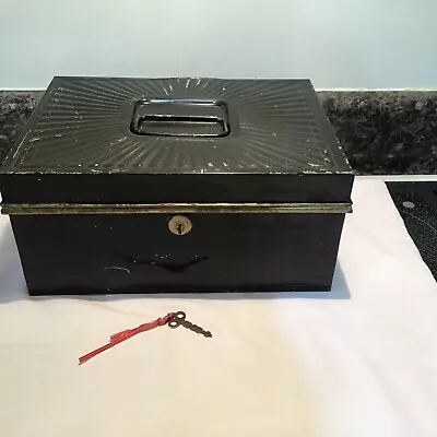  Vintage Metal Cash Box W/key Black Gold Red 11 1/4 X 8 1/4 X 5 1/2  • $25