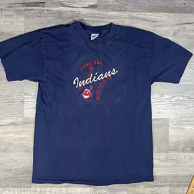 Vintage T Shirt Men’s Large Cleveland Indians Blue Single Stitch Velva Sheen • $18.88