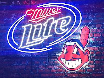 Neon Light Sign Lamp For Miller Lite Beer 24 X20  Cleveland Indians Chief • $214.98