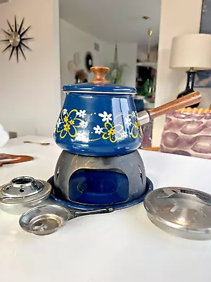 Vintage MCM Fondue Set Blue Floral  Made In Japan • $24.99