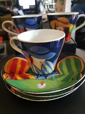 Misono Cafe Paris 94 Vntg Crmc Painted Coffee Tea Cups W Plates Set 3 • $80