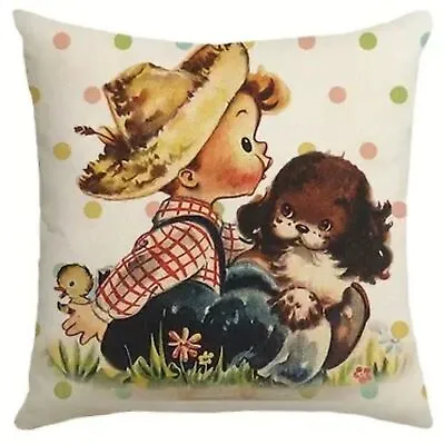 New Linen Blend Vintage Retro Style Farmer Boy & Puppy Easter Pillow Cover 17.7  • $9