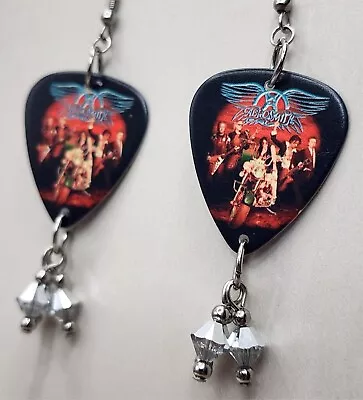 Aerosmith Guitar Pick Earrings With Metallic Silver Swarovski Crystal Dangles • $8